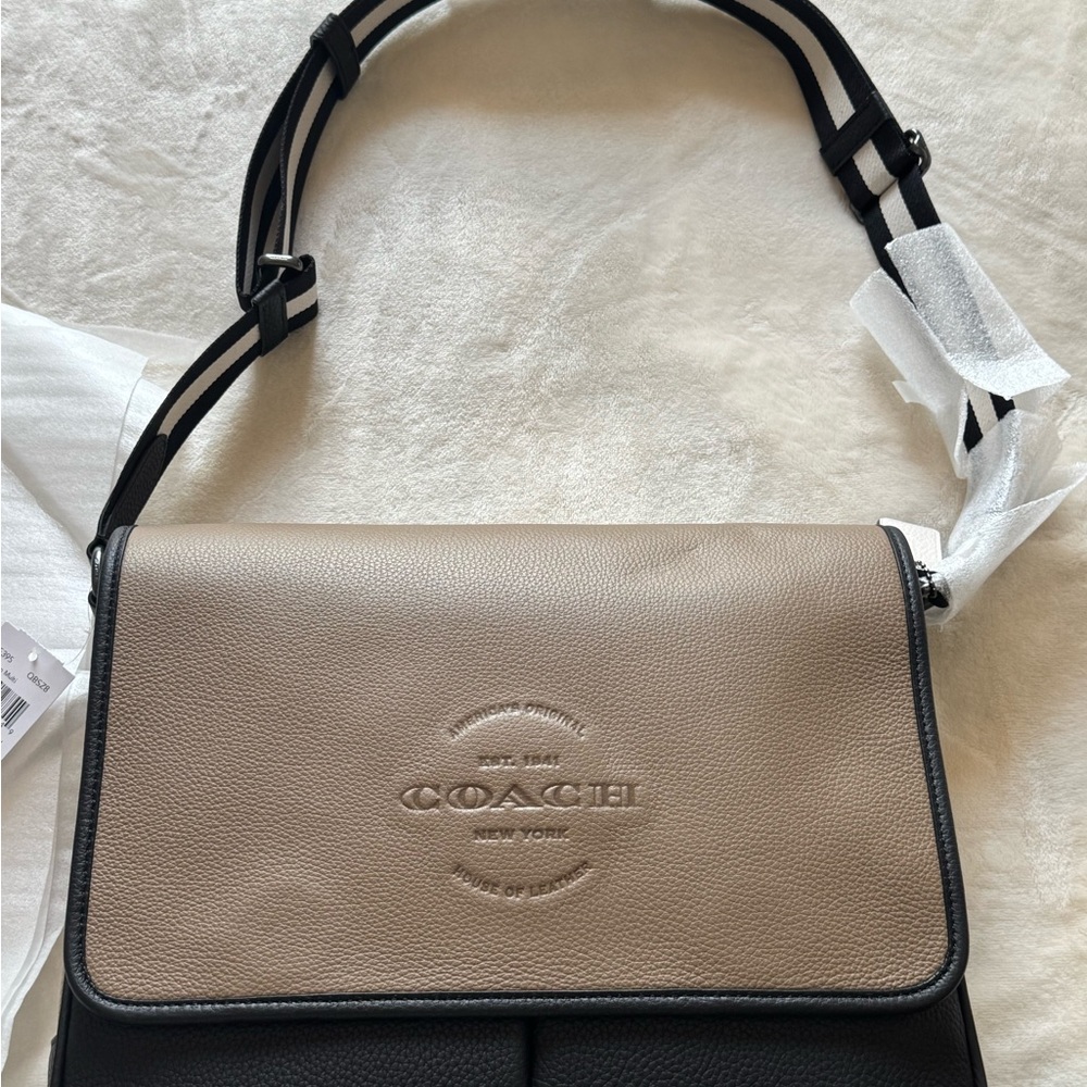 Coach Two-Tone Taupe and Black Leather Crossbody with Striped Strap